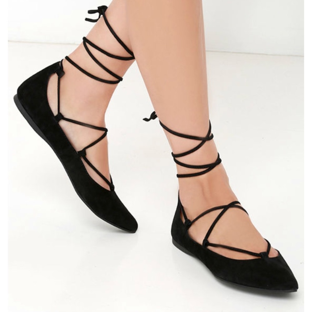 STEVE MADDEN BLACK SUEDE LEATHER ANKLE TIE FLATS